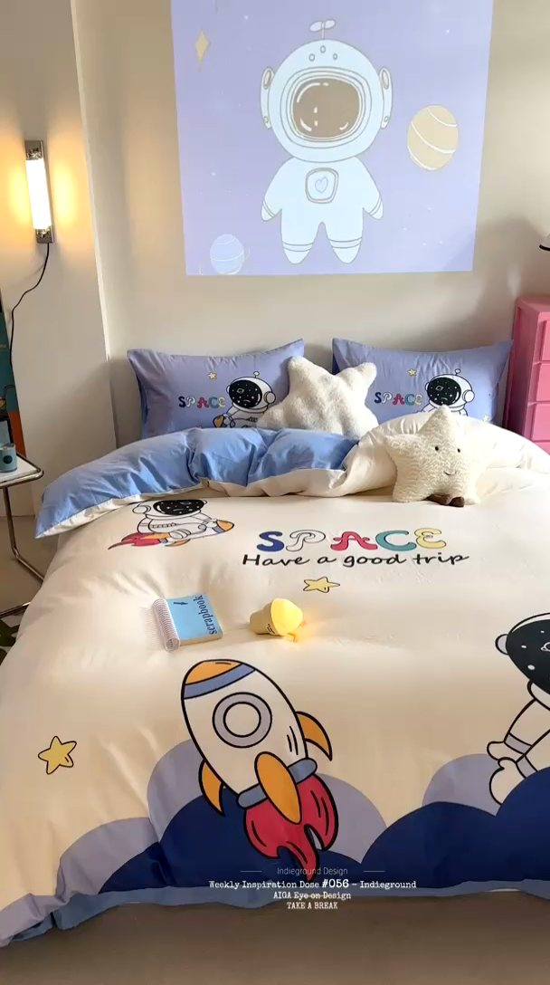 91家纺网 家纺一手货源 找家纺 馨语家居 2025新款全棉双层纱四件套 月球探险