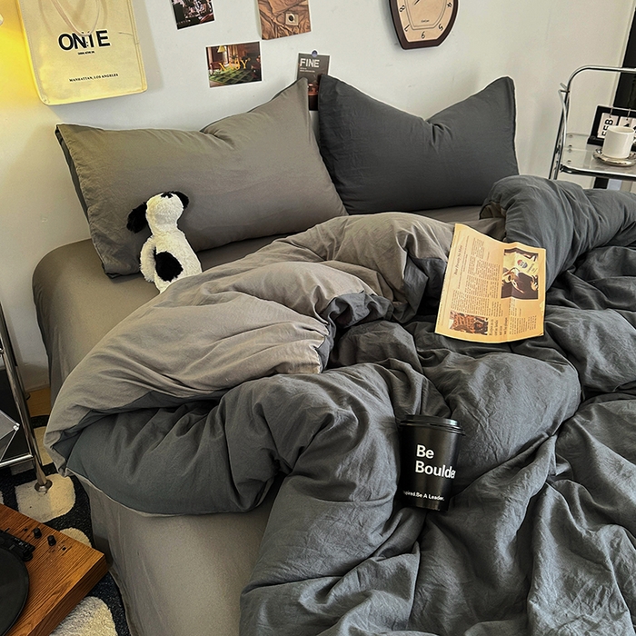 91家纺网 家纺一手货源 找家纺 耀达家居 2025新款纯色A类水洗棉双拼四件套 经典灰