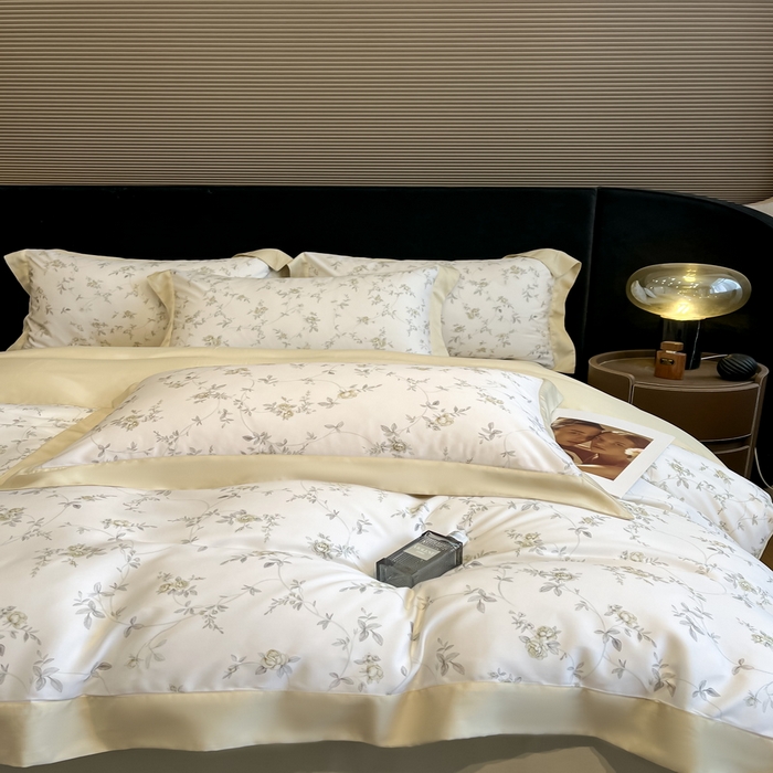 91家纺网 家纺一手货源 找家纺 2025春夏新款简奢款嵌绳莱赛尔数码印花四件套单夏被床笠床单款 云芷