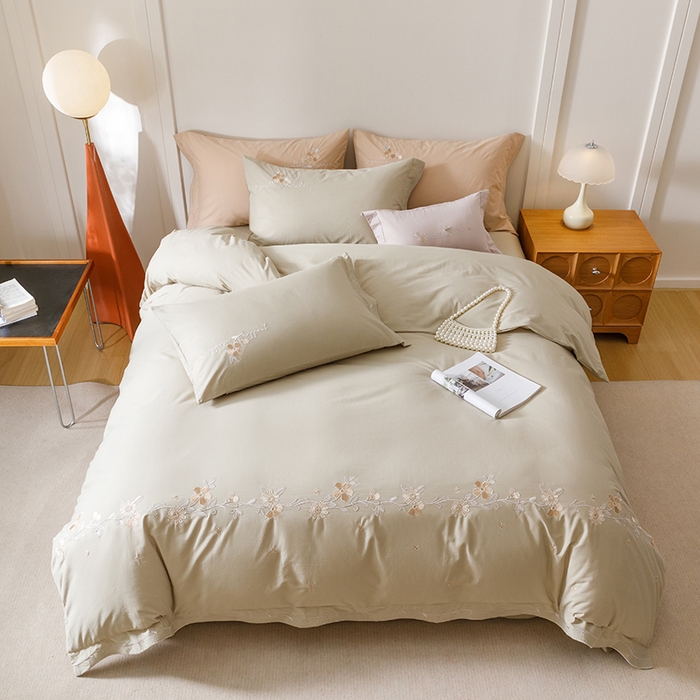 91家纺网 家纺一手货源 找家纺 艾莱家纺 2025新款A类水洗棉加厚绣花四件套-栀夏 栀夏-暮光绿