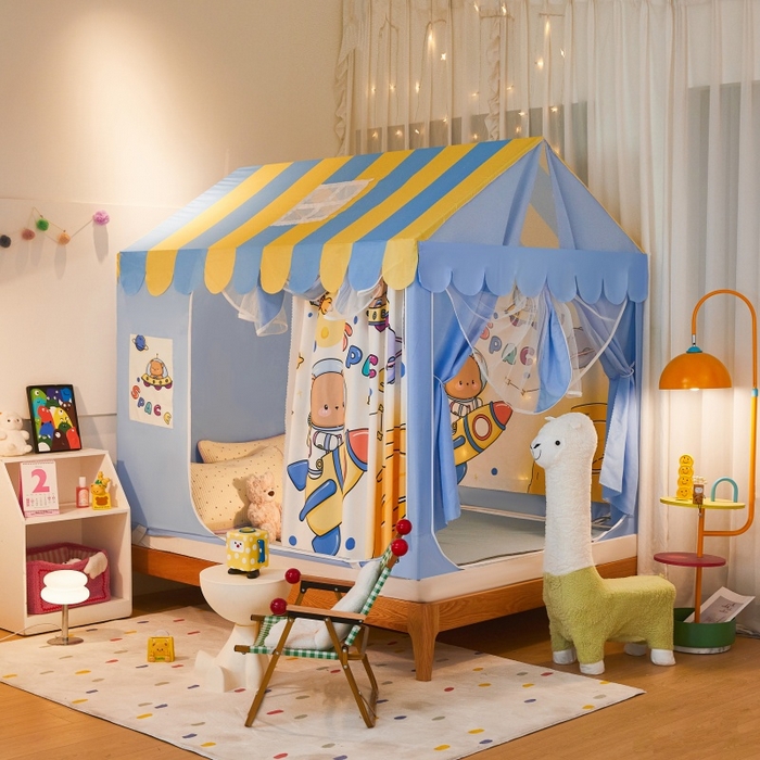 91家纺网 家纺一手货源 找家纺 卓尔居2025新款儿童小房子坐床式防摔蚊帐螺纹碳素钢支架梦幻 梦幻星屋-蓝