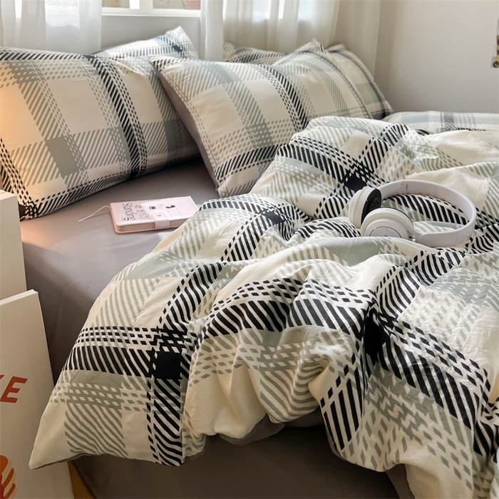 91家纺网 家纺一手货源 找家纺 盛秋家纺 2025新款亲肤格子水洗棉条纹格子四件套【简约风】格瑞斯+中灰