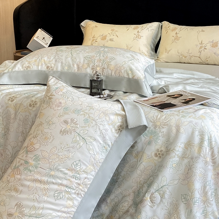 91家纺网 家纺一手货源 找家纺 2025春夏新款简奢款嵌绳莱赛尔数码印花夏被四件套单夏被床笠床单款 素瑾 绿