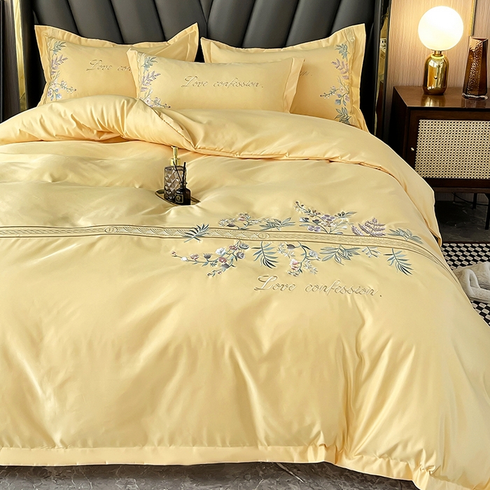 91家纺网 家纺一手货源 找家纺 2025春夏新款轻奢刺绣贡缎冰丝天丝棉四件套-华尔兹系列 华尔兹-柠檬黄