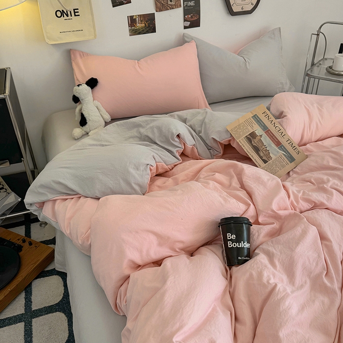 91家纺网 家纺一手货源 找家纺 耀达家居 2025新款纯色A类水洗棉双拼四件套 芭蕾灰粉