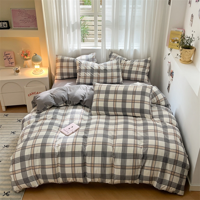 91家纺网 家纺一手货源 找家纺 盛秋家纺 2025新款亲肤格子水洗棉条纹格子四件套【简约风】瑞克+中灰