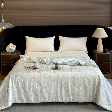 2025春夏新款简奢款嵌绳莱赛尔数码印花夏被四件套单夏被床笠床单款 素瑾 绿