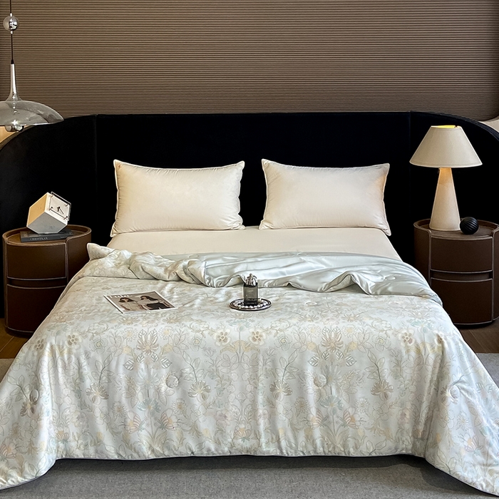 91家纺网 家纺一手货源 找家纺 2025春夏新款简奢款嵌绳莱赛尔数码印花夏被四件套单夏被床笠床单款 素瑾 绿