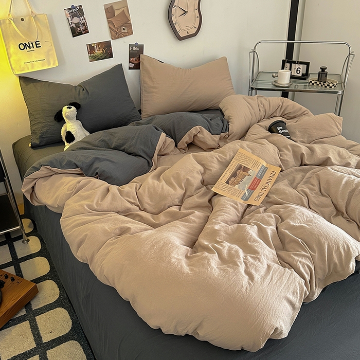 91家纺网 家纺一手货源 找家纺 耀达家居 2025新款纯色A类水洗棉双拼四件套 奶茶灰