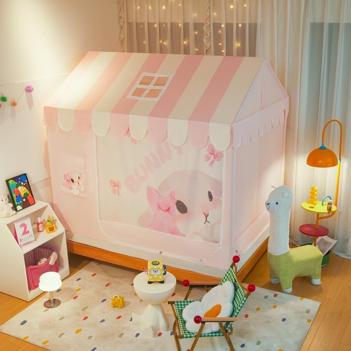 91家纺网 家纺一手货源 找家纺 卓尔居2025新款儿童小房子坐床式防摔蚊帐螺纹碳素钢支架梦幻 梦幻星屋-粉