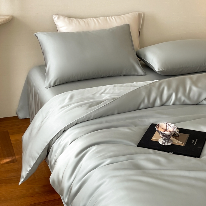 91家纺网 家纺一手货源 找家纺 沐晴家纺 2025春夏新款纯色兰精天丝四件套双拼单被套单床笠床单枕套云纱灰