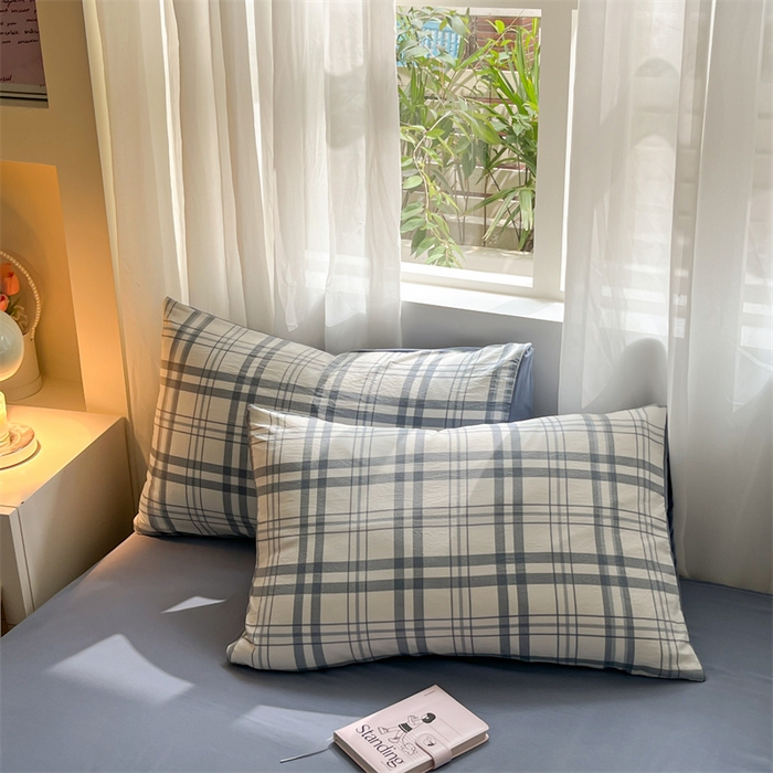 91家纺网 家纺一手货源 找家纺 盛秋家纺 2025新款亲肤格子水洗棉条纹格子四件套【简约风】蓝调+海清