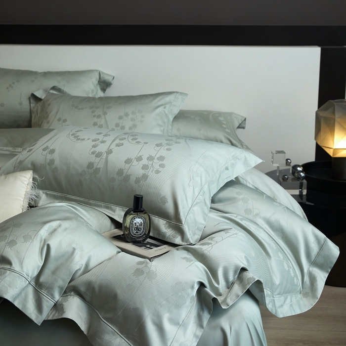 91家纺网 家纺一手货源 找家纺 淳绵家居 2025新款50*50S长绒棉贡缎提花手工立体埋绳工艺四件套（礼盒包装）曼丽（苹果绿）