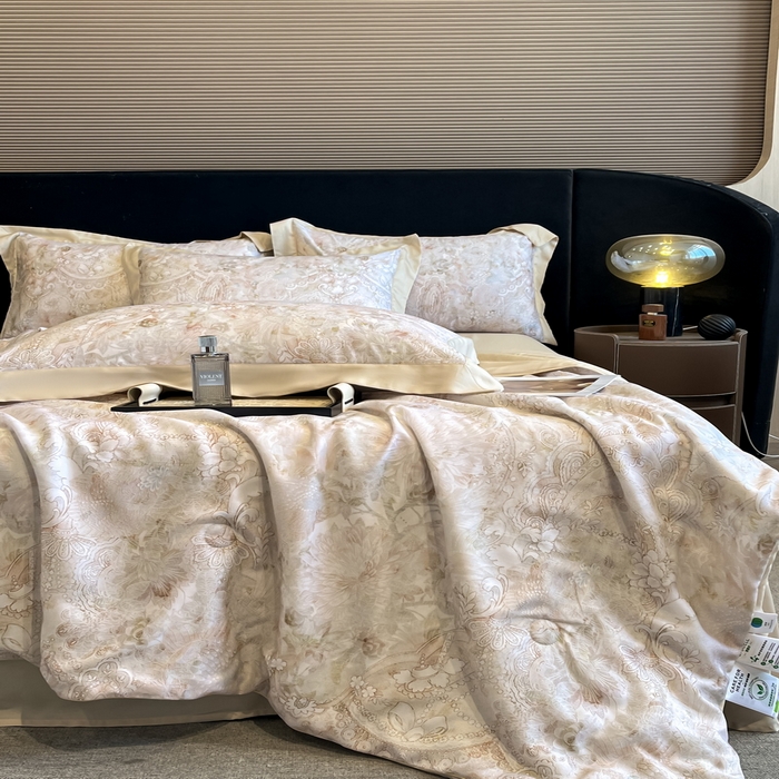 91家纺网 家纺一手货源 找家纺 2025春夏新款简奢款嵌绳莱赛尔数码印花夏被四件套单夏被床笠床单款 春旭恋曲