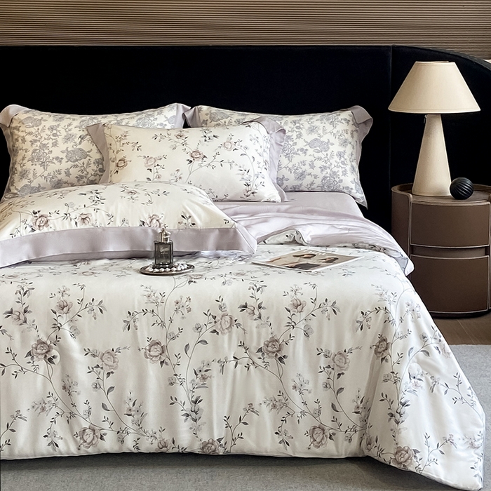 91家纺网 家纺一手货源 找家纺 2025春夏新款简奢款嵌绳莱赛尔数码印花夏被四件套单夏被床笠床单款 情依