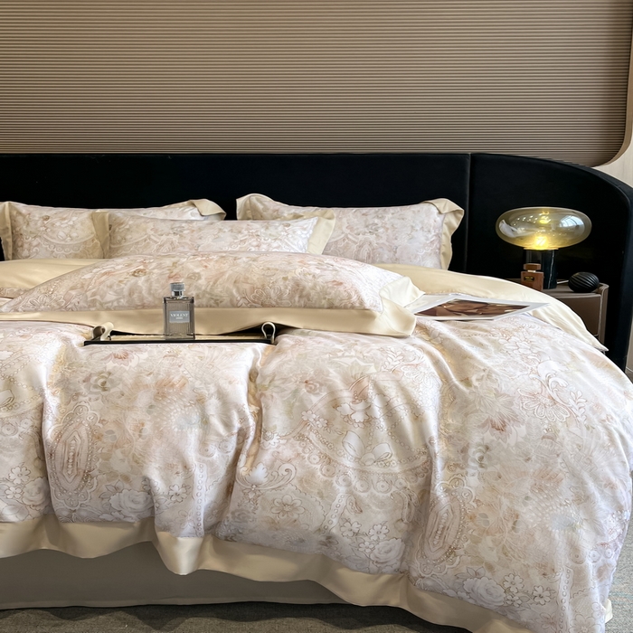 91家纺网 家纺一手货源 找家纺 2025春夏新款简奢款嵌绳莱赛尔数码印花四件套单夏被床笠床单款 春旭恋曲