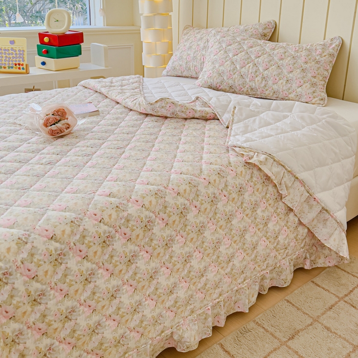 91家纺网 家纺一手货源 找家纺 U品汇 2025新品A类全棉夹棉床盖纯棉100%棉绗缝三件套炕垫褥子13372 G杏园暖秋-粉