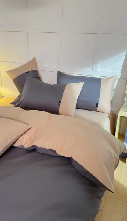 91家纺网 家纺一手货源 找家纺 慕希2025新款13372全棉拼色正拼四件套系列-简尚 简尚-棕灰