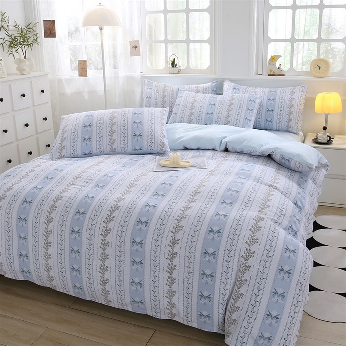 91家纺网 家纺一手货源 找家纺 织写 2025新款A类双层纱针织棉四件套床单四件套床单四件套小清新四件套 初享时光-蓝