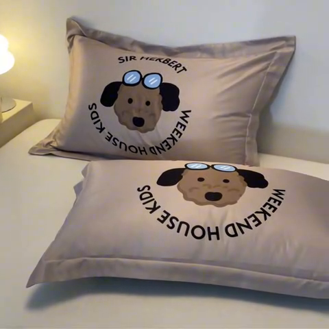 91家纺网 家纺一手货源 找家纺 笙意家纺 2025新款水洗真丝数码印花卡通枕套 眼镜狗