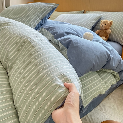 91家纺网 家纺一手货源 找家纺 恋人优选 2025新款条纹全棉水洗四件套 简希绿条