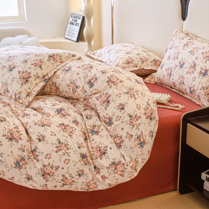 91家纺网 家纺一手货源 找家纺 棉乐町家居 2025新款全棉小清新人字纹四件套 繁花似锦