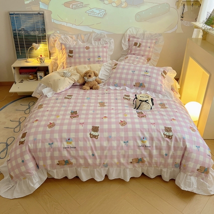 91家纺网 家纺一手货源 找家纺 桃子家居 （总）2025纯棉韩版花边奶油可爱卡通少女萝莉洛丽塔系列全棉卡通四件套