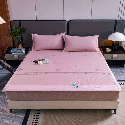 青雅席业 2025年新款7A抗菌母婴级纯乙纶PE刺绣凉感丝豆豆席 四叶花-粉