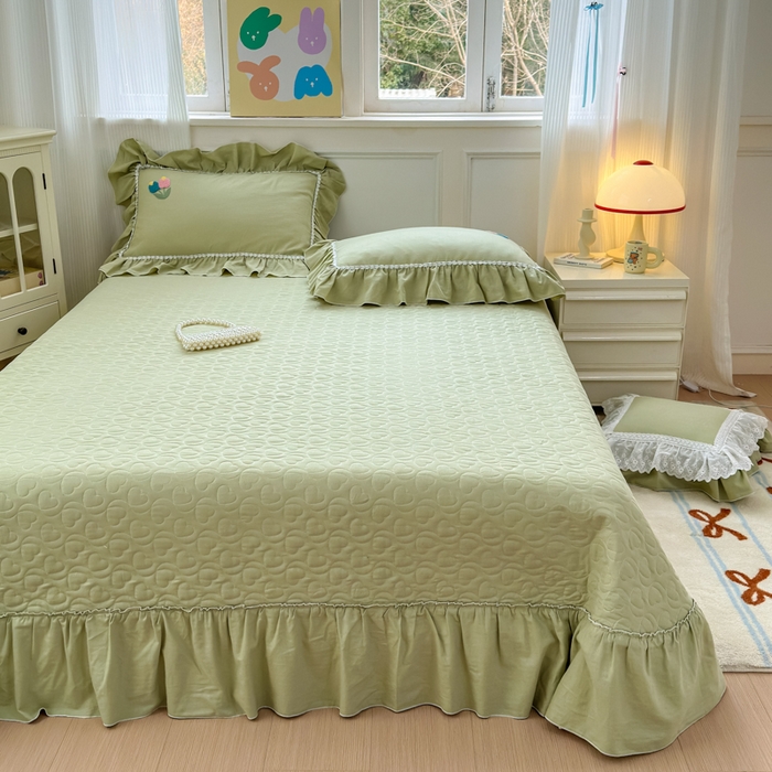 91家纺网 家纺一手货源 找家纺 淑女公社家纺 2025春夏新款全棉人字纹毛巾绣床盖款四件套-郁金香 郁金香 牛油果绿