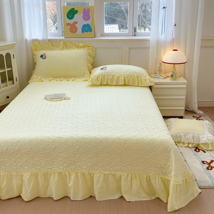 91家纺网 家纺一手货源 找家纺 淑女公社家纺 2025春夏新款全棉人字纹毛巾绣床盖款四件套-郁金香 郁金香 嫩黄