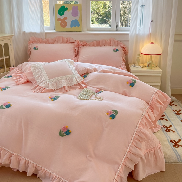 91家纺网 家纺一手货源 找家纺 淑女公社家纺 2025春夏新款全棉人字纹毛巾绣床盖款四件套-郁金香 郁金香 淡粉