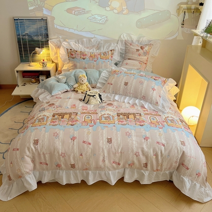 91家纺网 家纺一手货源 找家纺 桃子家居 （总）2025纯棉韩版花边奶油可爱卡通少女萝莉洛丽塔系列全棉卡通四件套