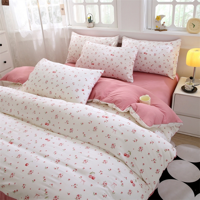 91家纺网 家纺一手货源 找家纺 织写 2025新款A类双层纱针织棉四件套床单四件套床单四件套小清新四件套 红色樱桃