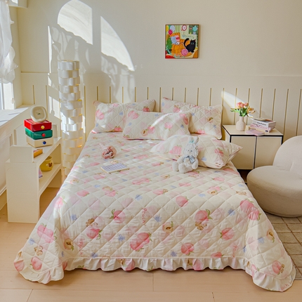 U品汇 2025新品A类全棉夹棉床盖纯棉100%棉绗缝三件套炕垫褥子13372 G蜜桃松鼠