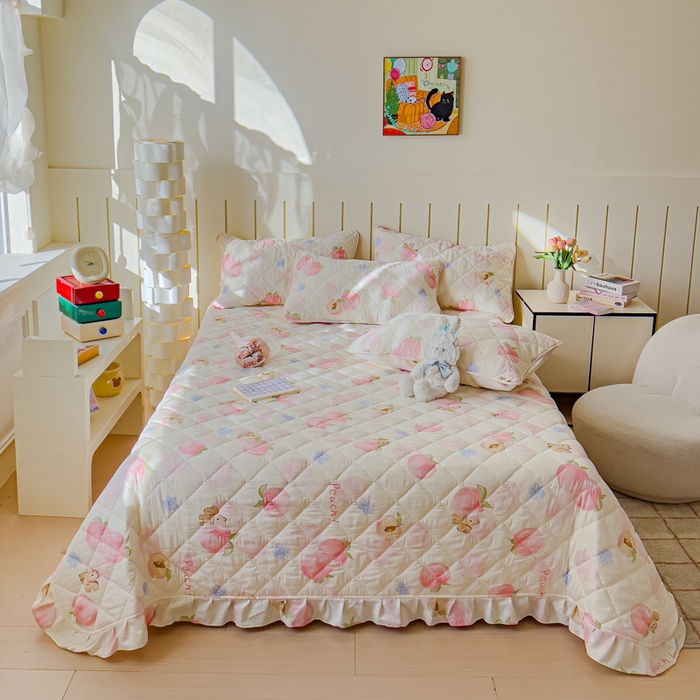 91家纺网 家纺一手货源 找家纺 U品汇 2025新品A类全棉夹棉床盖纯棉100%棉绗缝三件套炕垫褥子13372 G蜜桃松鼠