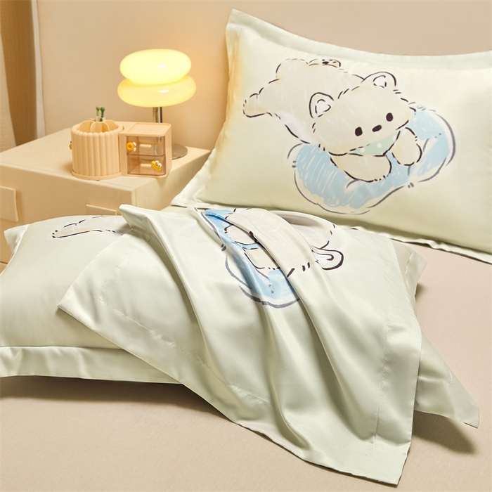 91家纺网 家纺一手货源 找家纺 笙意家纺 2025新款水洗真丝数码印花卡通枕套 萌猫