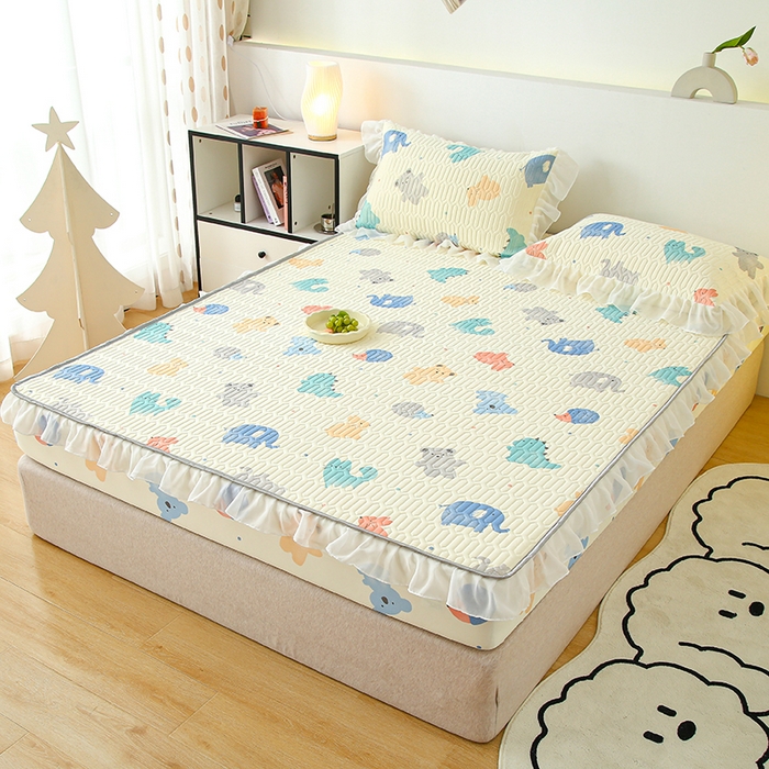 91家纺网 家纺一手货源 找家纺 伊人坊 2025新款A类凉感丝乳胶床笠凉席三件套-花边款 花边-动物园