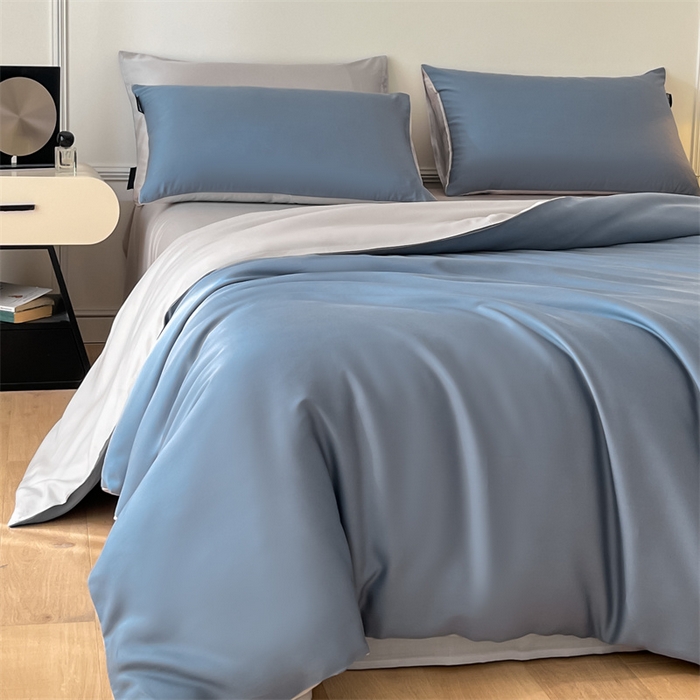 91家纺网 家纺一手货源 找家纺 笙意家纺 2025新款水洗真丝简约时尚四件套-简爱系列 简爱-宾利蓝+山灰