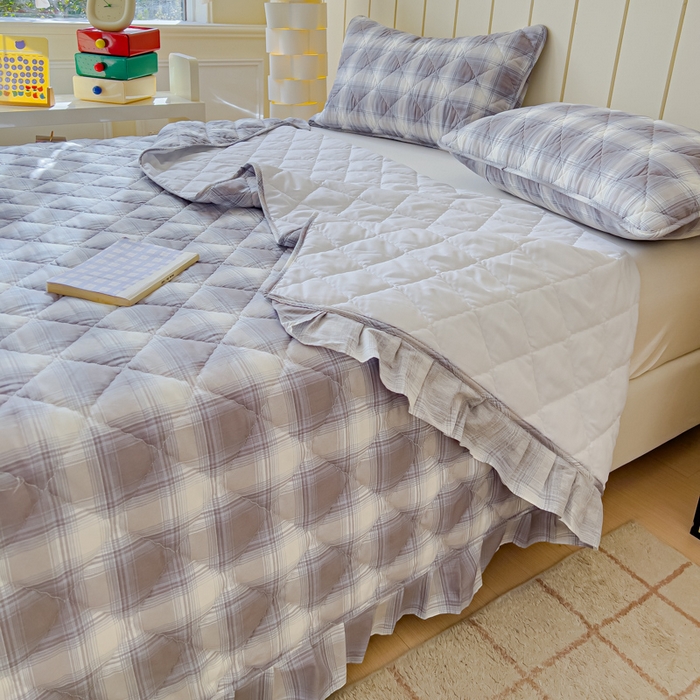 91家纺网 家纺一手货源 找家纺 U品汇 2025新品A类全棉夹棉床盖纯棉100%棉绗缝三件套炕垫褥子13372 G摩卡条纹蓝