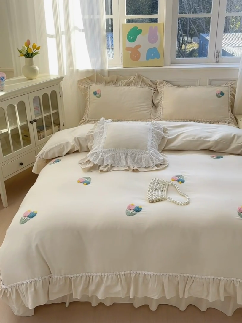 91家纺网 家纺一手货源 找家纺 淑女公社家纺 2025春夏新款全棉人字纹毛巾绣床盖款四件套-郁金香 郁金香 米白