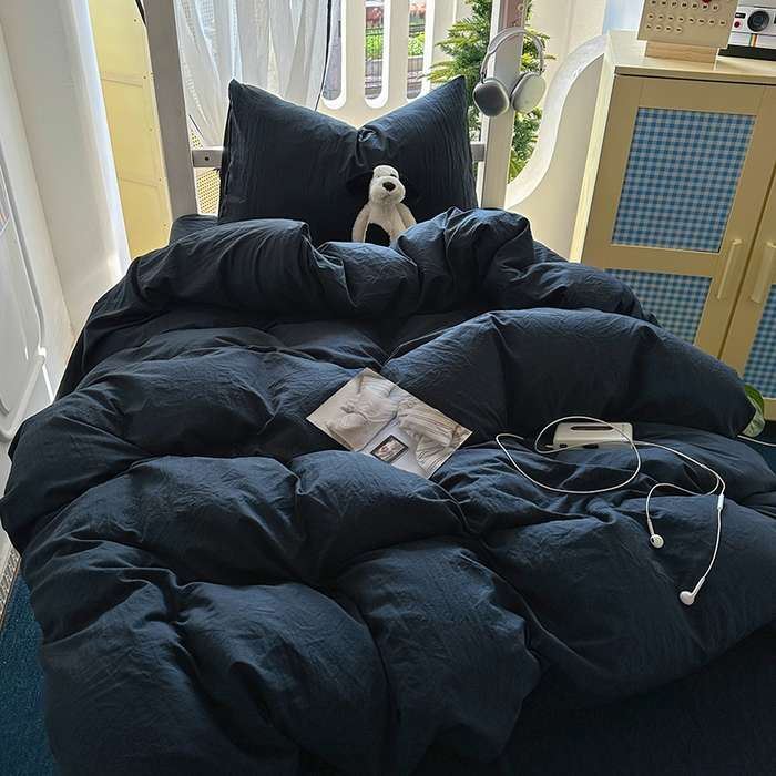 91家纺网 家纺一手货源 找家纺 阿曼达 2025新款纯色水洗m学生床单人四件套 纯色-藏青