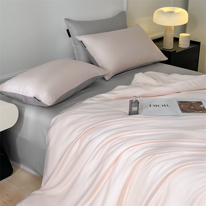 91家纺网 家纺一手货源 找家纺 笙意家纺 2025新款水洗真丝简约时尚四件套-简爱系列 简爱-奶油粉+山灰