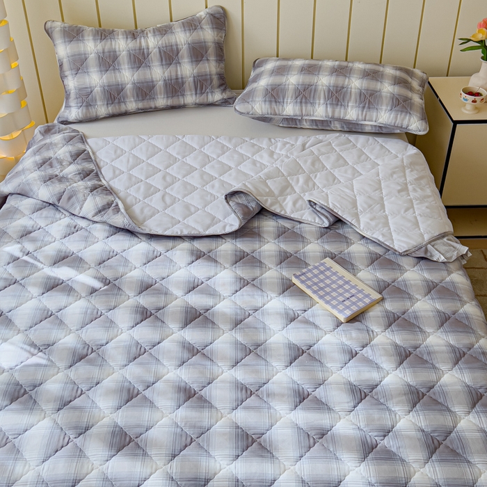 91家纺网 家纺一手货源 找家纺 U品汇 2025新品A类全棉夹棉床盖纯棉100%棉绗缝三件套炕垫褥子13372 G摩卡条纹蓝