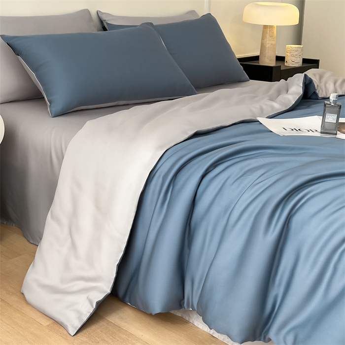 91家纺网 家纺一手货源 找家纺 笙意家纺 2025新款水洗真丝简约时尚四件套-简爱系列 简爱-宾利蓝+山灰