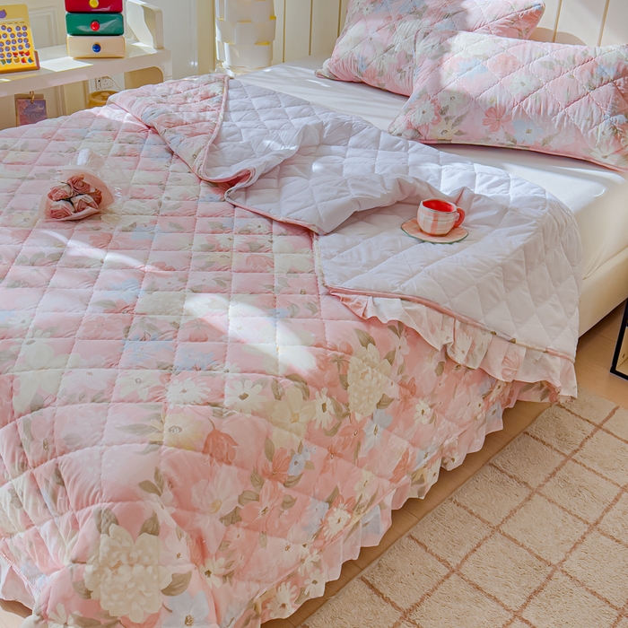 91家纺网 家纺一手货源 找家纺 U品汇 2025新品A类全棉夹棉床盖纯棉100%棉绗缝三件套炕垫褥子13372 G晚色芳莲粉