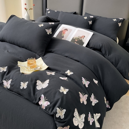 91家纺网 家纺一手货源 找家纺 （总）逸尚阁 2025新款水洗磨毛刺绣四件套--七彩蝴蝶系列(提供买家秀)