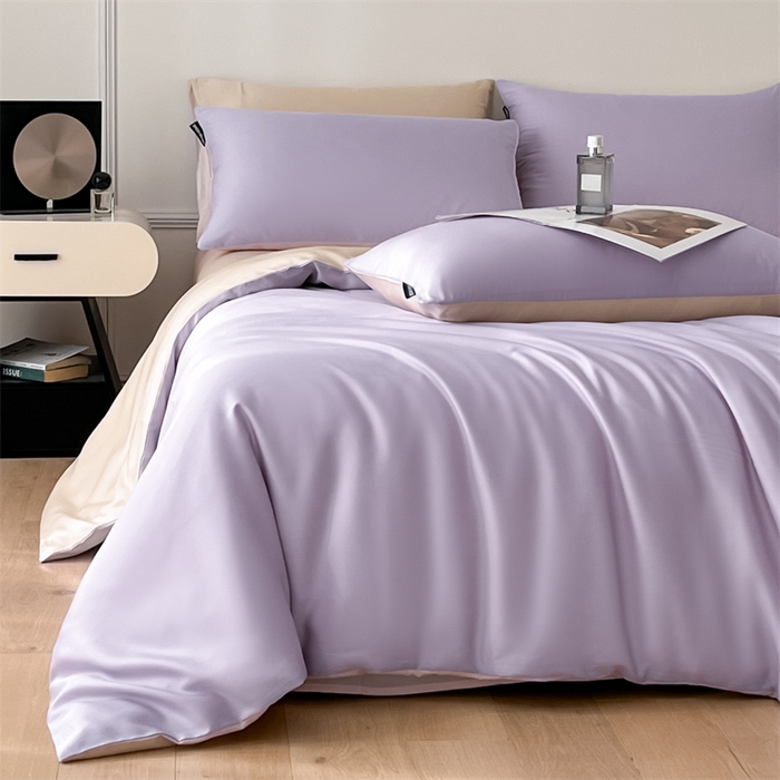 91家纺网 家纺一手货源 找家纺 笙意家纺 2025新款水洗真丝简约时尚四件套-简爱系列 简爱-星黛紫+梧桐杏