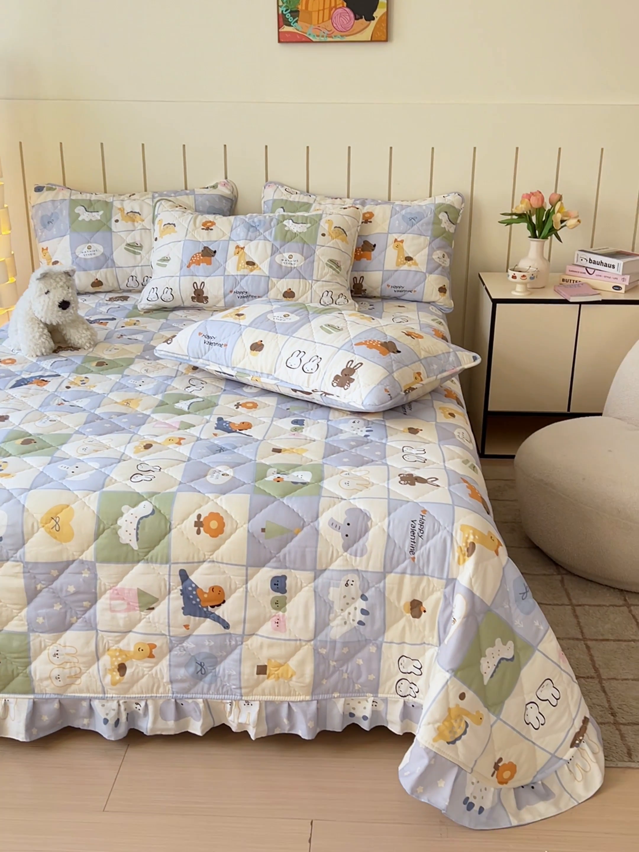 91家纺网 家纺一手货源 找家纺 U品汇 2025新品A类全棉夹棉床盖纯棉100%棉绗缝三件套炕垫褥子13372 G蜡笔画