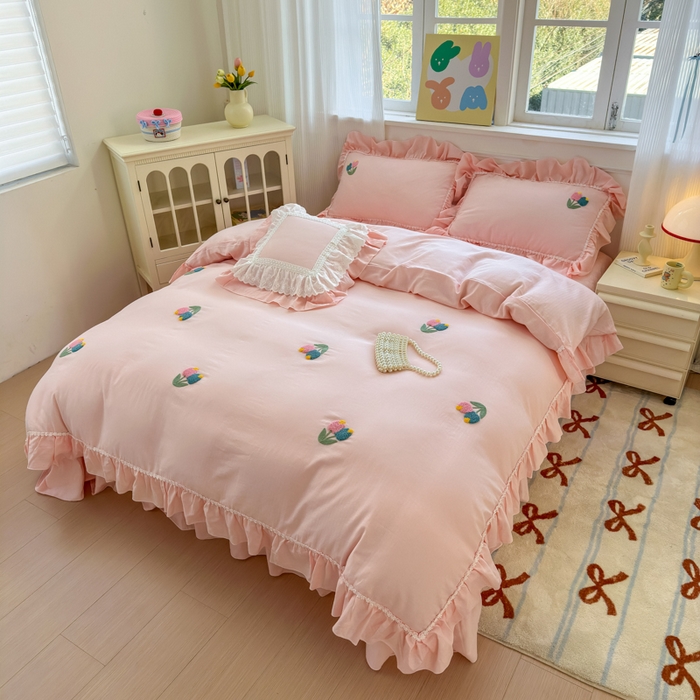 91家纺网 家纺一手货源 找家纺 淑女公社家纺 2025春夏新款全棉人字纹毛巾绣床盖款四件套-郁金香 郁金香 淡粉