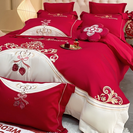 91家纺网 家纺一手货源 找家纺 （总）千禧家纺 2025新款双面长绒棉轻奢工艺款刺绣婚庆套件（贵妃枕非图上所展示款）